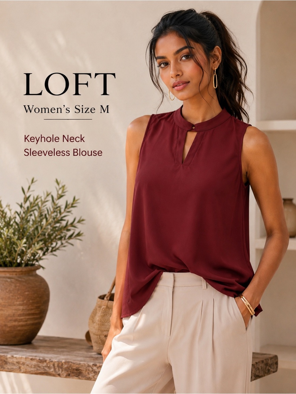 LOFT Burgundy Keyhole Neck Sleeveless Blouse Women’s Medium Flowy Polyester Top